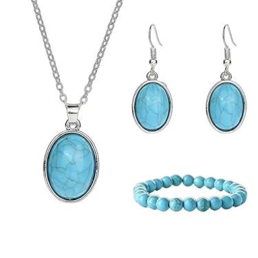Imagem de ONLYJUMP Conjunto de 3 peças de brincos e colar turquesa para mulheres, vintage, ajustável, brincos de lágrima, conjunto de joias com pulseira boho, Large, Liga de aço, Zircônia cúbica
