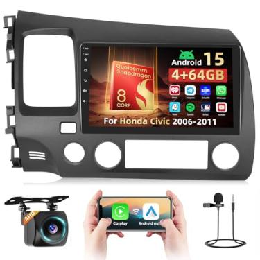 Imagem de Rádio veicular Qualcomm 8 Core para Honda Civic 2006-2011, [4 + 64 GB] tela sensível ao toque Android 15 9 polegadas com CarPlay Android Auto/Bluetooth 5.0/1280 * 720P/DSP/EQ/FM/RDS/GPS/6G WiFi