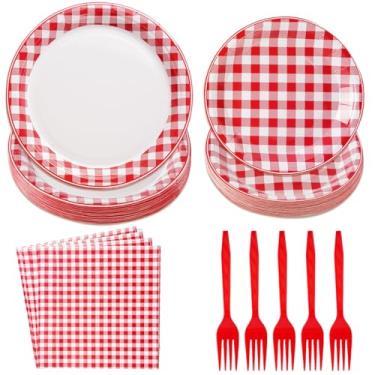 Imagem de 96 peças de decorações de festa de guingão vermelho e branco, buffalo, xadrez xadrez e guardanapos, conjunto de utensílios de mesa para dia dos namorados, churrasco, piquenique, chá de bebê, artigos