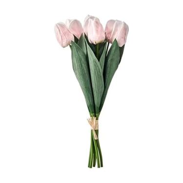 Imagem de Mikasa Flores artificiais de tulipas falsas, hastes de tulipa rosa com vegetação, conjunto de 7 flores de seda de plástico realistas, buquê de tulipas falsas para vaso de decoração de casa, arranjo