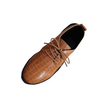 Imagem de Mocassins femininos modernos casuais com cadarço, cano baixo, salto médio, bico redondo, sapatos de couro, Amarelo, 35