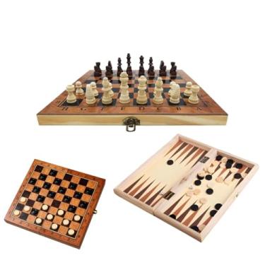 Imagem de Jogo Xadrez Dama Gamão 3 em 1 Dobrável em Madeira 30x30 cm – Portátil, Leve e Ideal para Viagens e Passeios