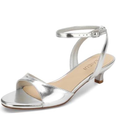 Imagem de TEAIEUI Sandálias femininas de salto gatinho, salto baixo, bico aberto, tira no tornozelo, sandálias femininas para festas e casamentos, Prata, 40