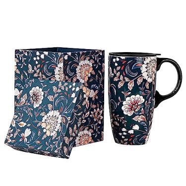 Imagem de Topadorn Caneca de café de cerâmica copo de viagem presente com tampa 482 g, xícara de chá alta de porcelana com alça para casa e escritório, caneca de padrão de arte de flor branca em caixa de