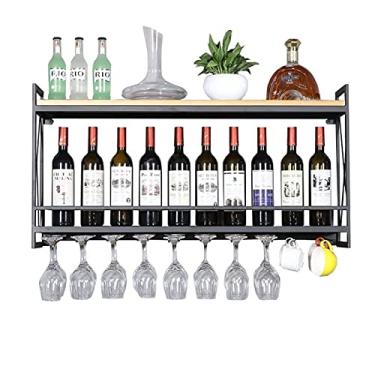 Imagem de Suporte de vinho montado na parede de metal e madeira | Rack de armazenamento de vinho Suporte de garrafa de vinho com suporte de vidro Suportes de copos para pendurar bar parede decoração de vinho