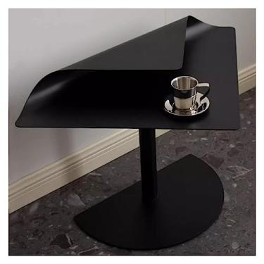 Imagem de Mesa lateral pequena moderna, mesa de canto irregular, mesa de cabeceira de metal, mesa de café, mesa de lanche, para espaços pequenos, cabeceira, sofá simples (preto)