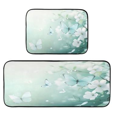 Imagem de xigua Conjunto de 2 peças de tapetes e tapetes de cozinha de borboletas de desenho animado absorvente macio para chão tapete de cozinha antiderrapante conjunto de capacho de cozinha, 50 x 120 cm + 50