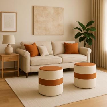 Imagem de Kit Puff Redondo Estofado 2 Unidades em – Design Moderno com Faixa Decorativa para Sala, Quarto e Escritório – Suporta até 100kg(Bege/Marrom)