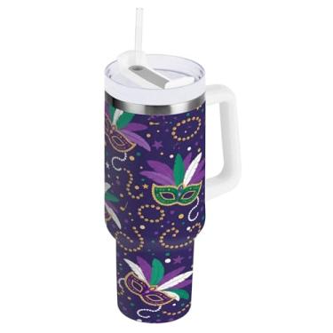 Imagem de Blueangle Copo isolado de máscara de carnaval de 1,134 g com alça e tampa de palha, caneca de viagem reutilizável de aço inoxidável (989)