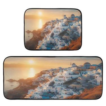 Imagem de xigua Conjunto de 2 peças de tapetes e tapetes de cozinha de edifícios caiados de branco, tapetes de cozinha macios absorventes para chão, tapete de cozinha, antiderrapante, conjunto de capachos, 50 x