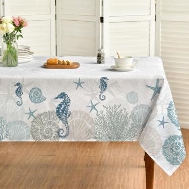 Imagem de Horaldaily Toalha de mesa quadrada de verão 152 x 152 cm, hipocampo marinho, estrela-do-mar, algas marinhas, concha, azul, lavável, capa de mesa sazonal para decoração de festa, piquenique, jantar