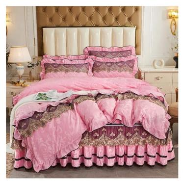 Imagem de Jogo de cama luxuoso de inverno espesso dourado amarelo cristal veludo renda bordado capa de edredom acolchoado colcha fronhas (F 1,5 m saia para cama 4 peças)