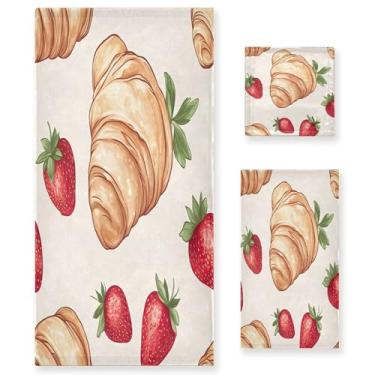 Imagem de xigua Conjunto de toalhas de banheiro croissants e morangos absorvente macio 3 peças toalha de banho toalha de mão toalhas decorativas para banheiro, academia, hotel, praia, piscina