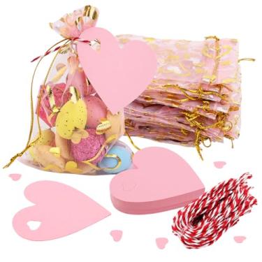 Imagem de Ksheria Sacos de presente de organza de coração de 10 x 15 cm, pacote com 50 sacos de cordão de dia dos namorados com 50 cartões de coração, para presentes de dia dos namorados, lembrancinhas de festa