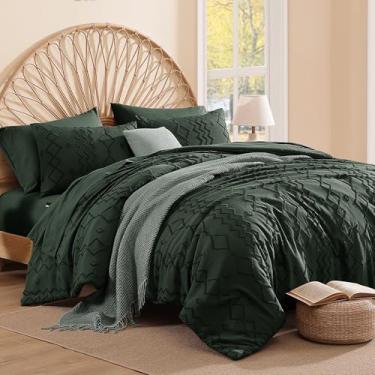 Imagem de AMBERSPACE Conjunto de edredom casal, verde escuro, tufado, boêmio, casa de fazenda, 7 peças, cama em um saco com lençóis, fronhas e fronhas