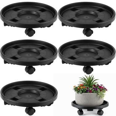 Imagem de Pacote com 5 suportes para plantas grandes de 30 cm com rodas, carrinho de plástico para plantas com rodízio de trava, rolos, rolos, rolos, suportes redondos para plantas, pires em rodas, base interna