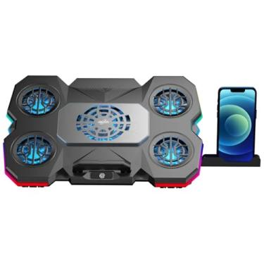 Imagem de Suporte Para Notebook Portátil – Leve, Compacto e Resistente Base para Notebook de 9 a 17"Preto com 5 coolers ventiladores com iluminação RGB na lateriais, Suporte pra celular