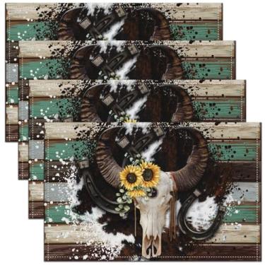 Imagem de Jogo americano de caveira de vaca 30,5 x 45,7 cm, conjunto de 4 tapetes de cozinha em aquarela de girassol, retrô, florais, selvagens, para crianças, adolescentes, adultos, listras verdes marrons