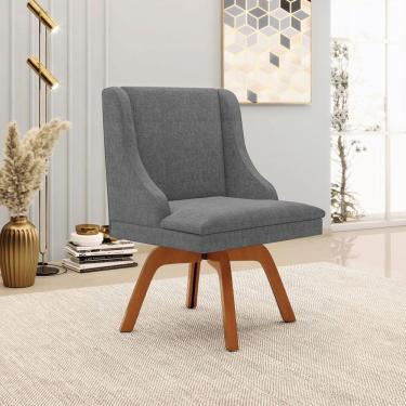 Imagem de Cadeira Decorativa Sala De Jantar Base Giratória De Madeira Firenze Linho Grafite/natural G19