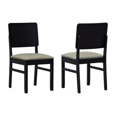 Imagem de Kit 2 Cadeiras Quéops Madeira Maciça Encosto Anatômico Assento Estofado - Preto Linho Bege
