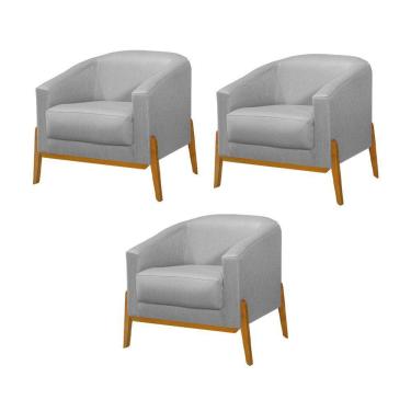 Imagem de Kit 3 Poltronas Living Base Em Madeira Maciça Flórida Linho Cinza - Cinza