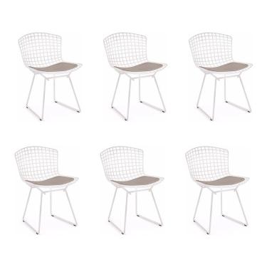 Imagem de Kit 6 Cadeiras Bertoia Branca Com Assento Bege