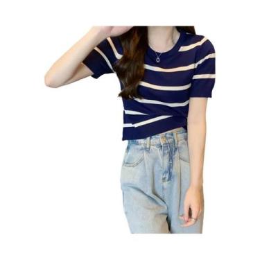 Imagem de Camiseta Feminina Slim Fit Listrada De Malha Manga Curta Verão 2023 No