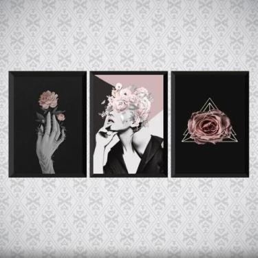 Imagem de Kit 3 Quadros Para Quarto Mulher E Rosas 33X24Cm - Quadros On-Line