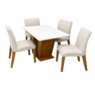 Imagem de Mesa de Jantar Classic 120x80cm com Vidro e 4 Cadeiras Sofia em Linho Estofadas Cel Móveis Cor Cinamomo Off White com Tecido Bege
