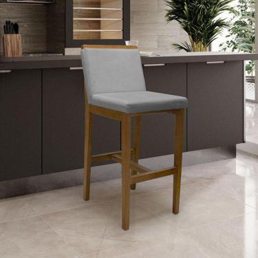Imagem de Banqueta Alta Londres Moderno Madeira de Eucalipto Assento Linho 100 cm Cinza Nozes Fra...