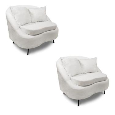 Imagem de Poltrona Decorativa Orgânica Pé Ferro Preto Kit 2 Zaya Bouclê Offwte -