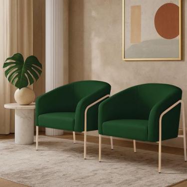 Imagem de Poltrona Sala Industrial Alta Champanhe Kit 2 Stella Suede Verde D03 -