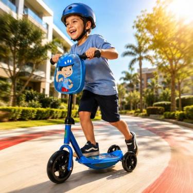 Imagem de Patinete Infantil 3 Rodas Azul com Mochilinha, Guidão Emborrachado, Ba