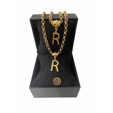 Imagem de Colar + Pulseira Elo Português Grosso 6mm Letra "R"