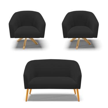 Imagem de Kit 1 Namoradeira E 2 Poltronas Preto Base Madeira
