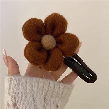 Imagem de Clipe de flor de pelúcia, elegante clipe de bico de pato de pelúcia de inverno, grampo de cabelo de flor de pato de pelúcia, elegante grampo de cabelo feminino de inverno (cor café)