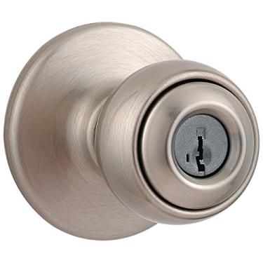 Imagem de Kwikset Maçaneta de porta de entrada polo com fechadura e chave, alça externa com chave segura, entrada frontal e quarto, níquel acetinado, segurança SmartKey Rekey resistente a picaretas e microban