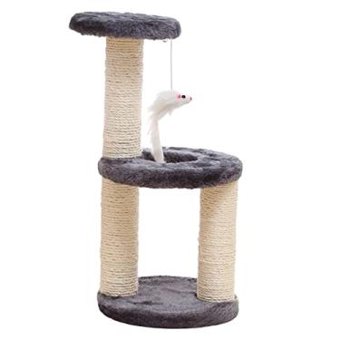 Imagem de Prettyia Torre de árvore de gato para escalada com postes de arranhão com brinquedos de pelúcia para gatos e casa de móveis para centro de atividade de animais de estimação - Base redonda cinza