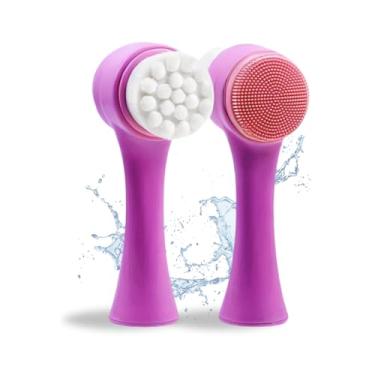 Imagem de SIMPWAY® Escova de Limpeza Facial Manual 2 em 1 Esponja Cuidados Com o Rosto Massageador de Silicone Limpeza Profunda Macio Esfoliação Escovinha Dupla Face Ativa a Circulação da Pele Skin Care Resistente à Água Banho Uso Diário à Prova D’Água (Roxo)