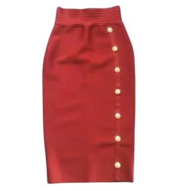 Imagem de RuuTe Saia de verão cintura saias pretas botão roupas femininas, Vinho, G