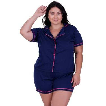 Imagem de Pijama Americano Plus Size Blusa com Botões que Abrem e Short Brenda 50 52 54 56 (MARINHO, 54)