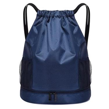 Imagem de Bolsa com cordão, mochila leve com suporte para garrafa de água e bolsos, mochila esportiva de ginástica, Azul marinho, Large, Esportes