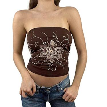 Imagem de Camiseta regata feminina com estampa de tubinho grande sem alças Y2K camiseta de verão blusa rodada colete de festa, Café, M