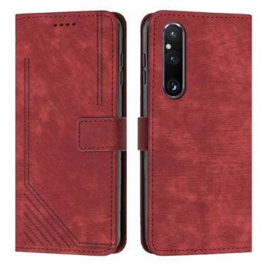 Imagem de Capa Carteira Compatível com Sony Xperia 1 V 2023 Alça de pulso Capa de telefone Carteira Flip Phone Case Suporte para cartão Flip Cover Phone Case Compatível com Sony Xperia 1 V 2023 (Size : Rojo)