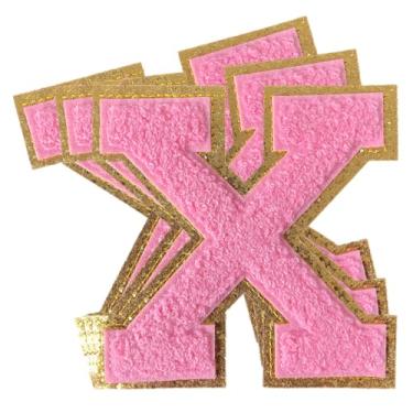 Imagem de 3 peças de adesivos de letras de chenille rosa glitter ferro em remendos de letras universitárias remendo bordado de chenille costurar em remendos para roupas chapéu bolsas jaquetas camisa (rosa, X)