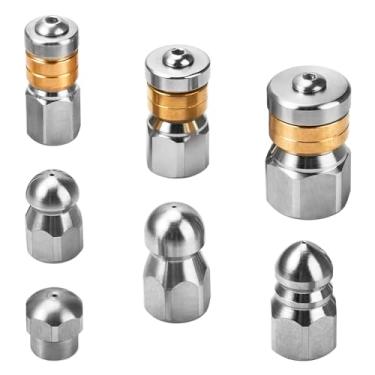 Imagem de Sxkxm Pacote com 7 bocais de jatos de aço inoxidável de esgoto, bocal de mangueira de jateador de drenagem de pressão, bicos de limpeza de drenagem, kit de cabeças de jato de lavadora de pressão 4000