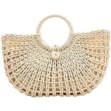 Imagem de QZUnique Bolsa feminina de palha tecida à mão bolsa de verão para praia bolsa retrô de vime bolsa de viagem com alça superior redonda de madeira, C - bege - 2, One Size