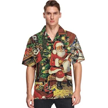 Imagem de visesunny Camisa masculina casual de botão manga curta havaiana véspera de Natal Papai Noel Aloha, Multicolorido, M