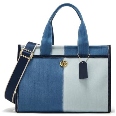 Imagem de Bolsa de lona feminina grande bolsa de ombro jeans vintage bolsas Hobo fofas bolsas trabalho viagem faculdade casual bolsa de mão, Azul claro, One Size