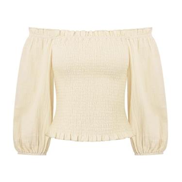 Imagem de R.Vivimos Blusas femininas de verão de algodão, manga curta, ombros de fora, cropped com babados, Bege, M